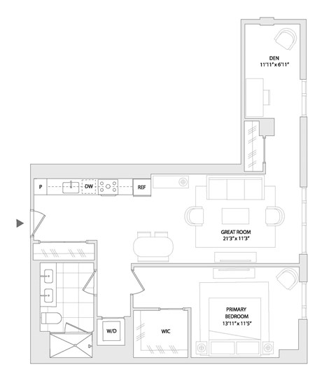 Floor plan for 1 bed, 1 bath, 916 sqft